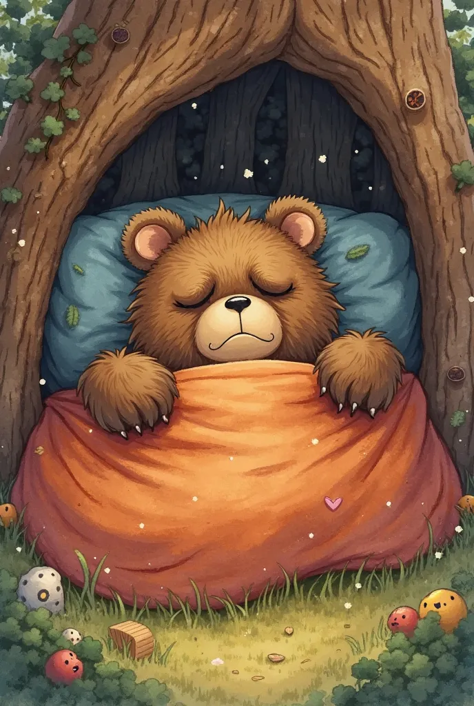 Cute grumpy bear lying in his cozy bed inside a hollow tree, waking up with a big frown. His fluffy brown fur is slightly messy. The room is warm and inviting, decorated with wooden furniture and little forest-themed decorations. ren's book illustration, s...