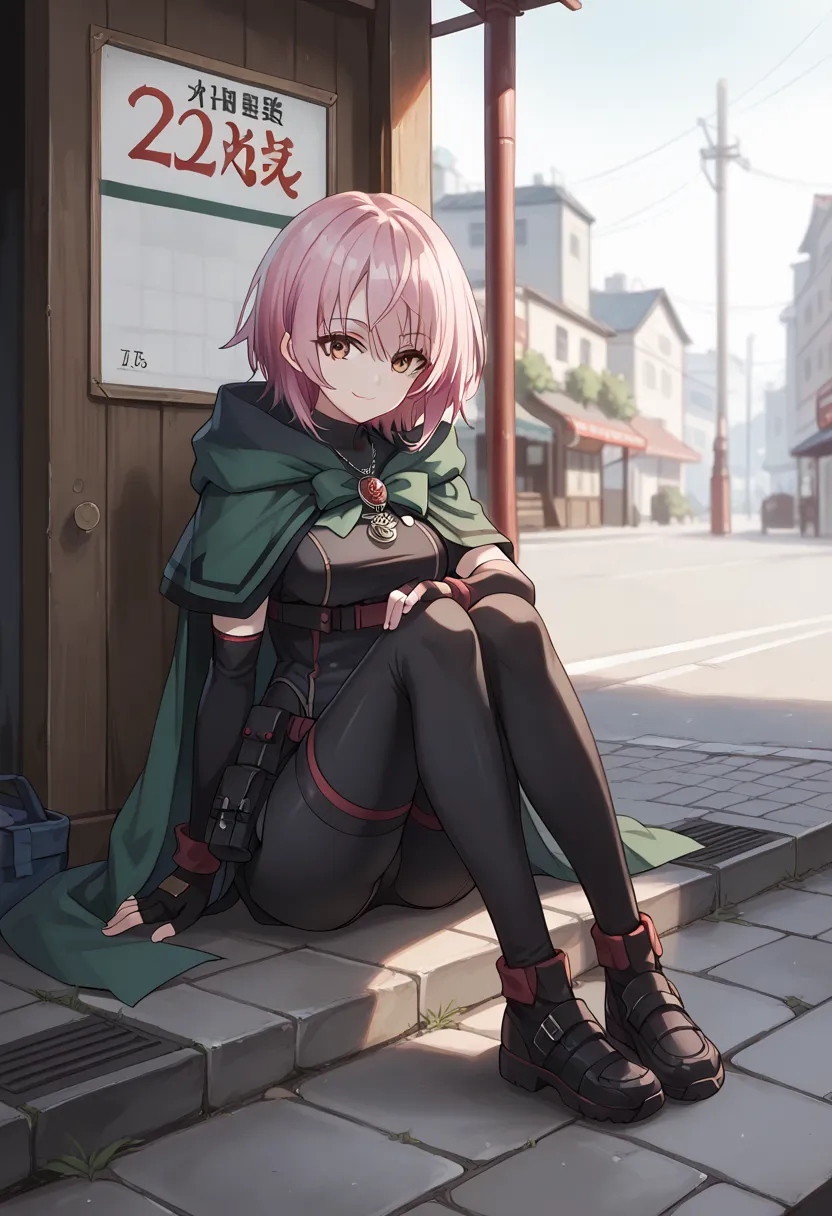 score_9_up,score_8_up,score_7_up,TL_XTL,1 girl,Alone,smile,pink hair near MM,viewers,short hair,closed mouth,red eyes,  green cloak ,simple_background,white_background, cowboy_shots,C-le, black unitard, black thighhighs, silver necklace, elbow gloves, fing...