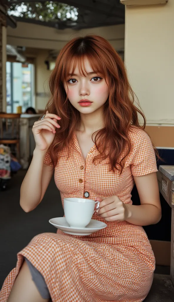 8k, Masterpiece, Top Quality, Close-up, eye-level, auburn, waves, curls, gingham, dress, short sleeves, button-down, teacup, coffee cup, earrings, ring, necklace, retro, diner, cafe, orange, chrome, plaid, seated, nostalgic, romantic