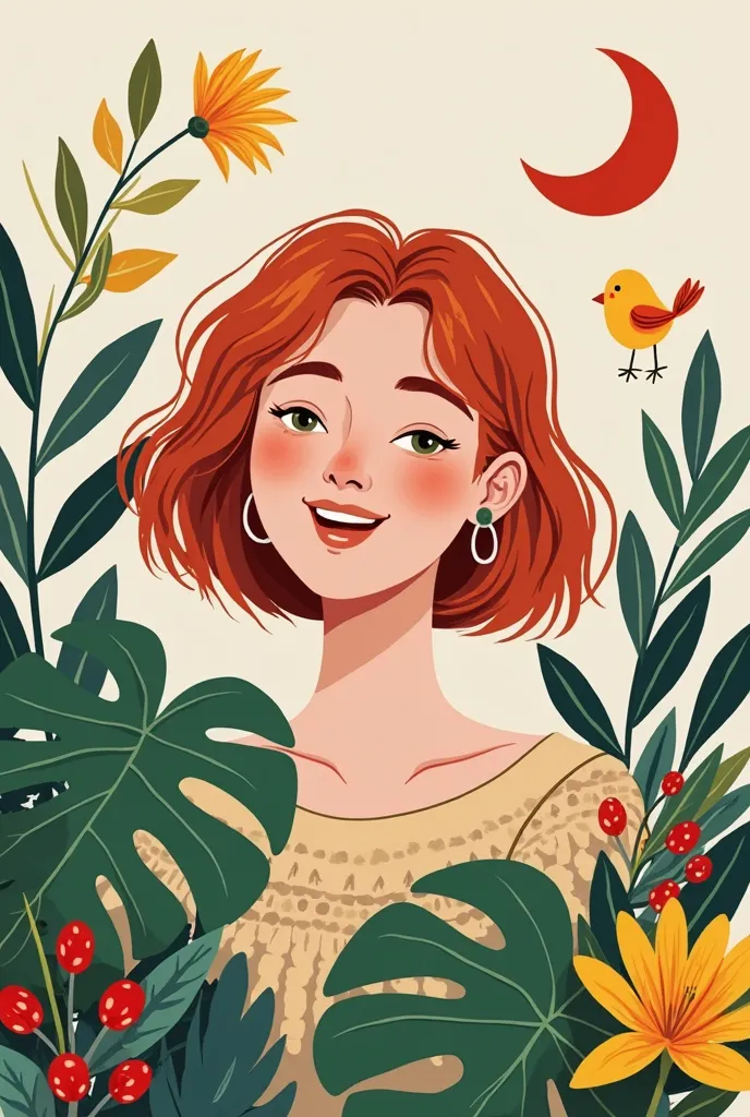 An illustration of a happily smiling young woman with short red hair that almost merges with the plants. She is surrounded by lush, colorful plants, such as large green monstera leaves, yellow flowers and red berry branches. The background is neutral, and ...