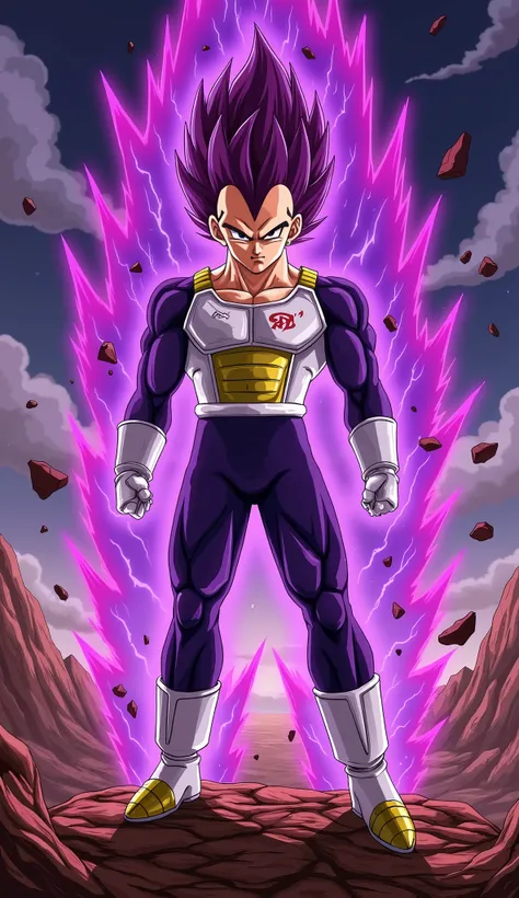 "Majin Vegeta, standing in a dominant and powerful stance on a devastated, rocky battlefield beneath a dark, stormy sky filled with swirling clouds and crackling lightning. His muscular physique is accentuated by battle-worn Saiyan armor, with a torn, skin...