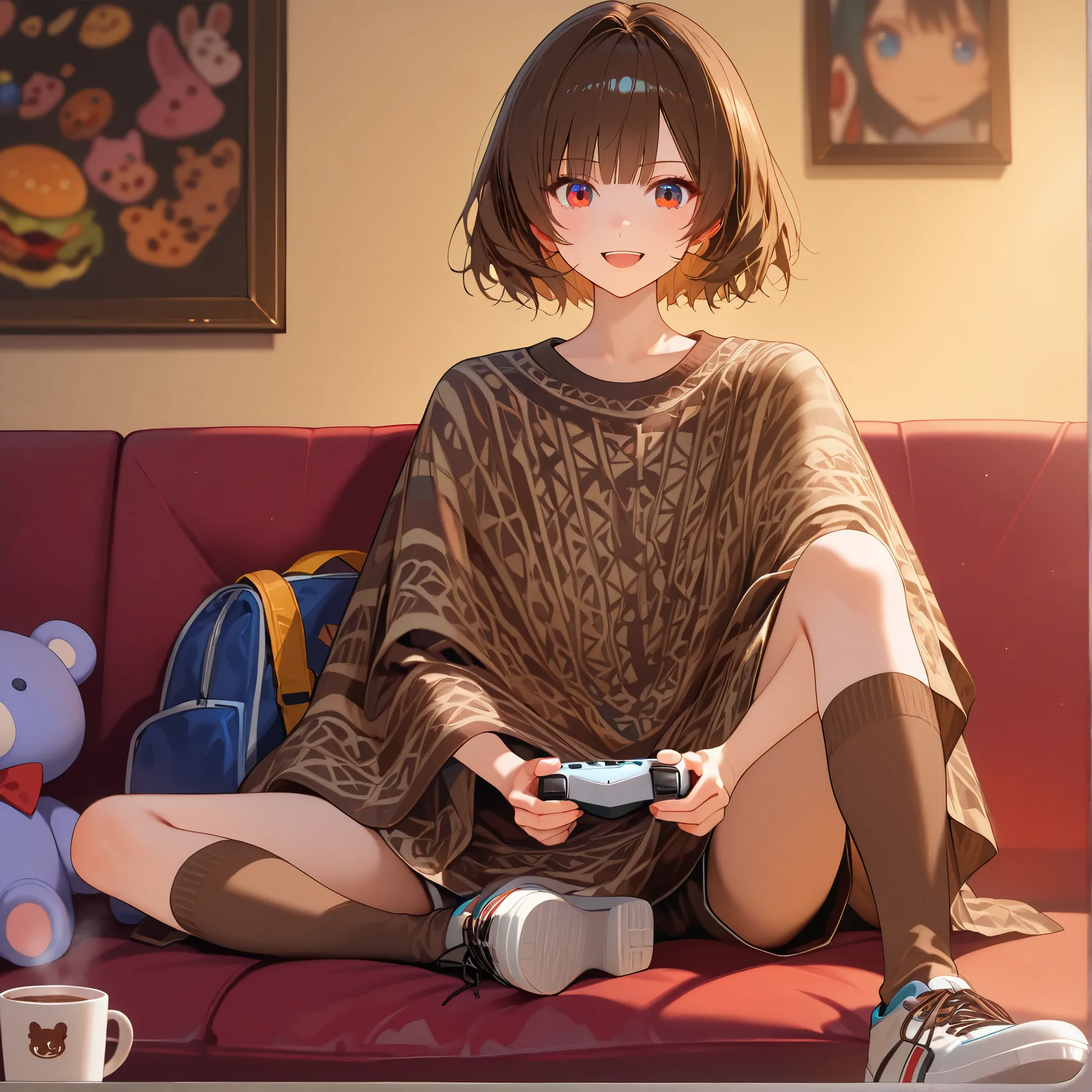 (girl:1.0),posing,(close-up:1.3),playing video gemes,video game controller holding,■body,flat chest,pointy breasts,face ■hair (beautiful thin hair,short hair,dark brown hair:1.0), ■服(white long poncho on shorts,brown long socks,shoes:1.1),sfw,sitting on so...