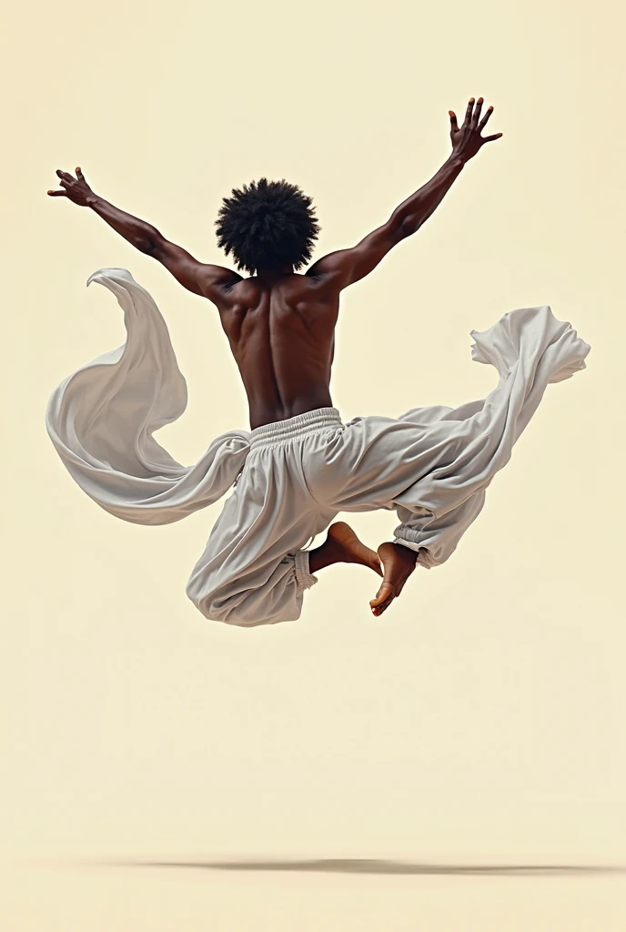 25-year-old black man with Black Power hair, slightly muscular body and wearing white capoeira pants, doing a capoeira acrobatics in the air