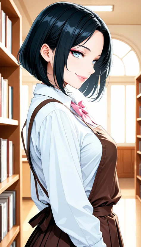 sexy women, Fashion Model Body Type, black hair, inverted bob , light blue eyes, (smile, profile, take your eyes off:1.2), Librarian, shirt, pink bow tie, pleated skirt, Brown Apron, beautiful eyes, beautiful lips, very detailed目と顔, long eyelashes, (face...