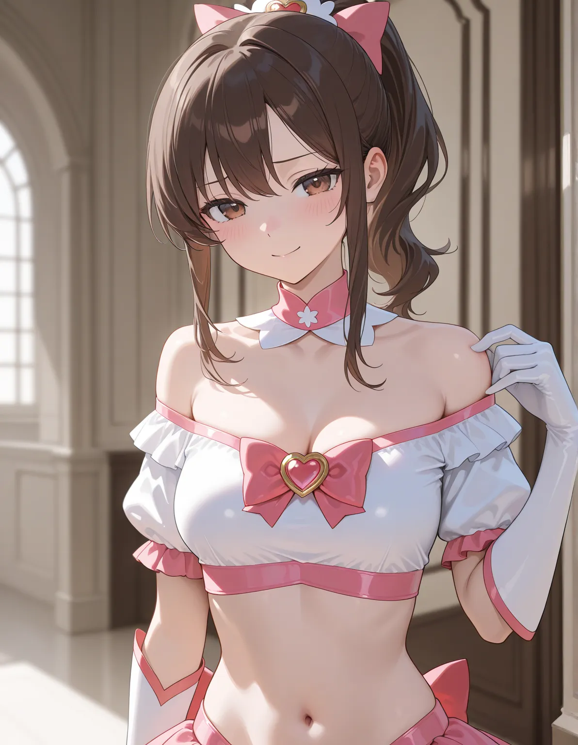 masterpiece,highest quality,latest,safe,beautiful woman,Real Background,beautiful body,brown eyes,brown hair,reality,nice body,costume(magical girl),adult face,ponytail,exposure of skin(shoulder,clavicle,stomach),luxury