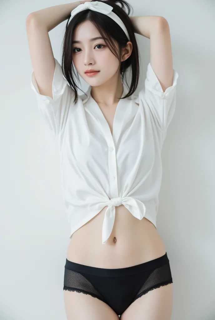  Japanese woman、cute、white thick hair band、straight black hair short bob、white satin shirt、Tie the hem of the shirt、black panties、sexy panties、standing with one hand on your lower back、full body、 aerobics、Spread your legs and bend your hips、