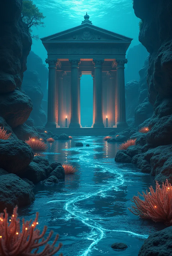 A waterscape with a maroon temple in the background. The temple is in a Greek or Atlantean style. The plants are bioluminescent algae or corals. There are few fauna. The temple seems to be giving up 