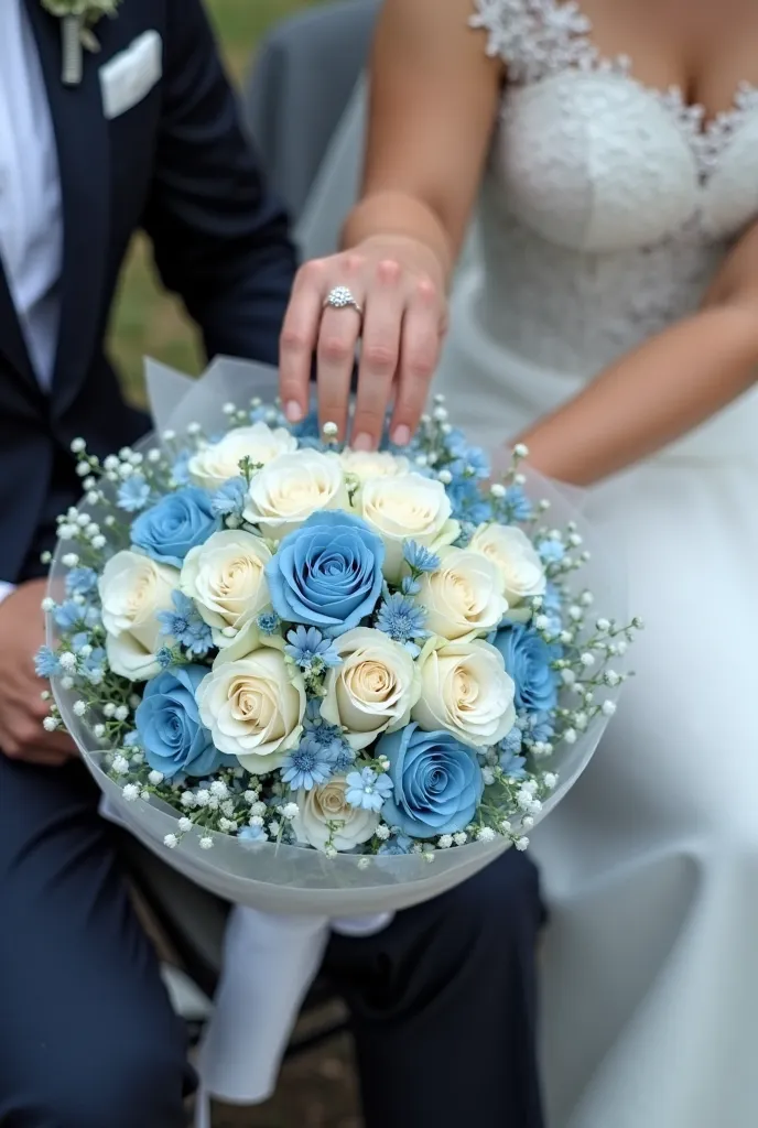 "A sophisticated bouquet featuring a mix of white and baby blue roses in the center, surrounded by a layer of baby’s breath flowers in a soft baby blue hue , so no baby flower in the center only flowers, baby flowers only around. The bouquet is elegantly w...