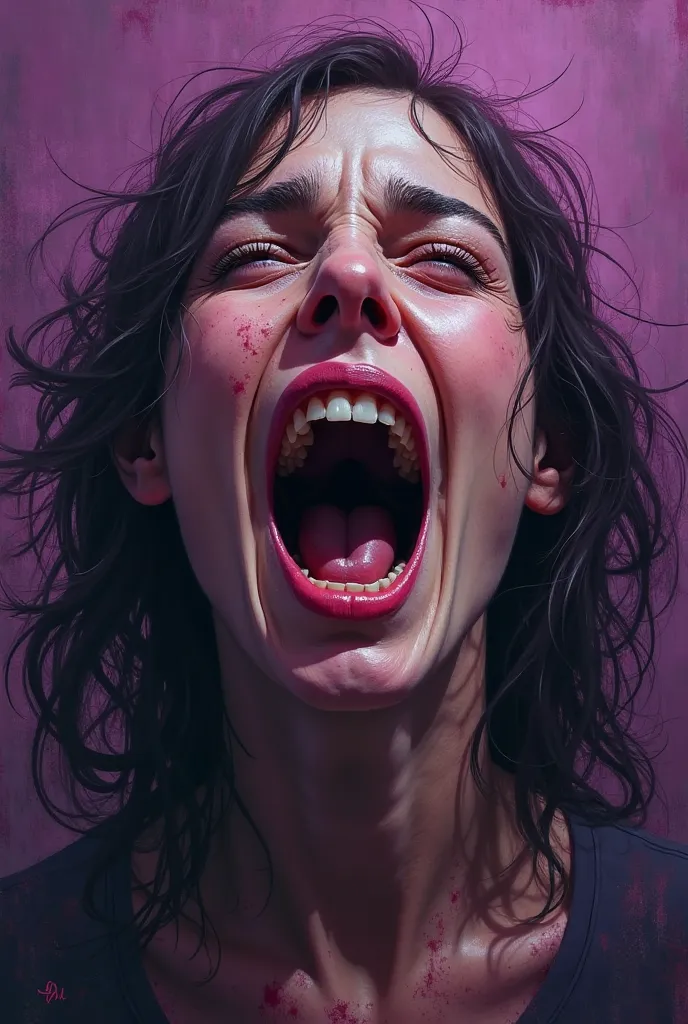 Painting purple tones, woman screaming without realism 