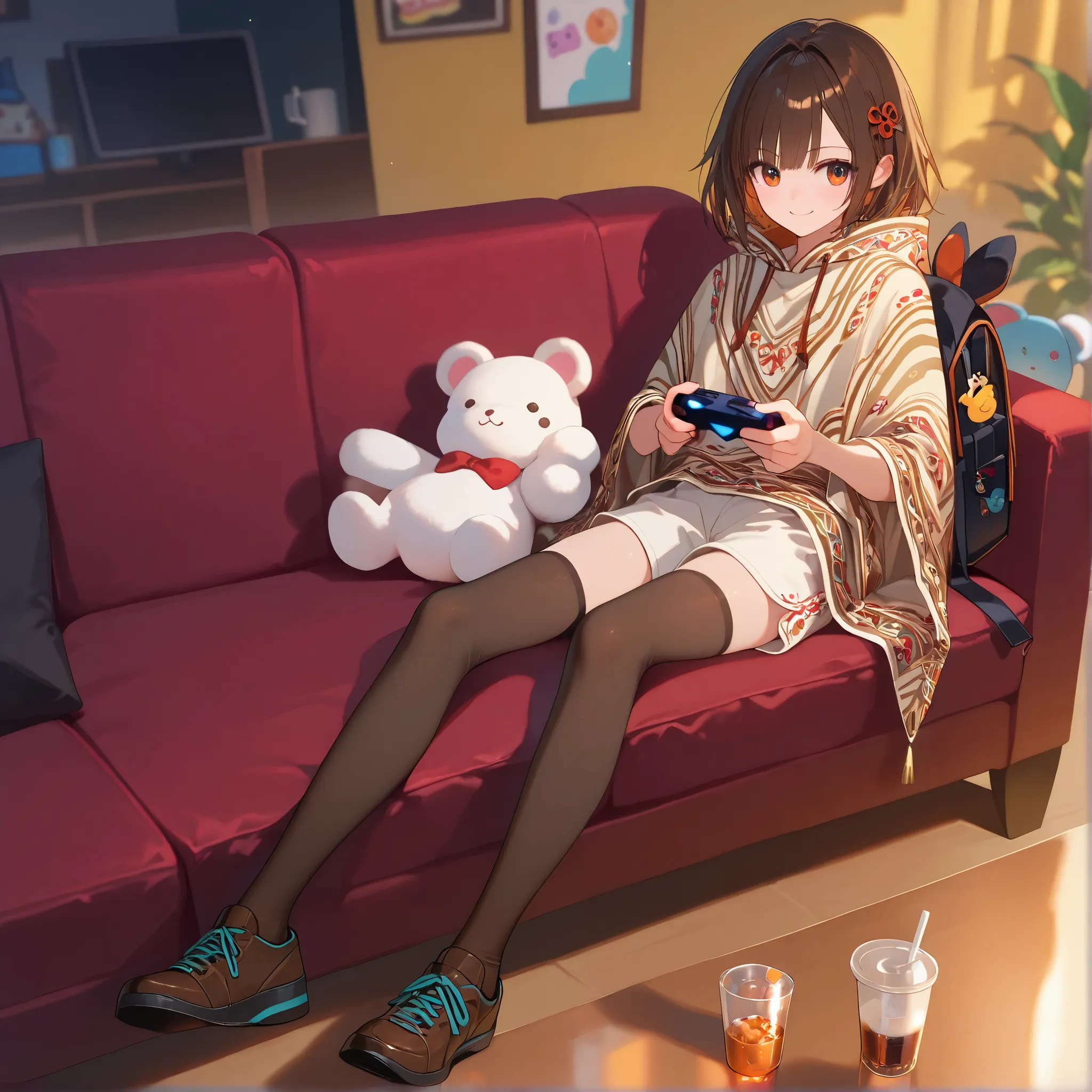 (girl:1.0),posing,(close-up:1.3),playing video gemes,video game controller holding,■body,flat chest,pointy breasts,face ■hair (beautiful thin hair,short hair,dark brown hair:1.0), ■服(white long poncho on shorts,brown long socks,shoes:1.1),sfw,sitting on so...