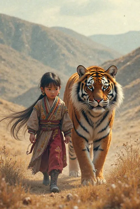 Little Mongolian girl back walking big tiger . Tiger is girl guardian . 