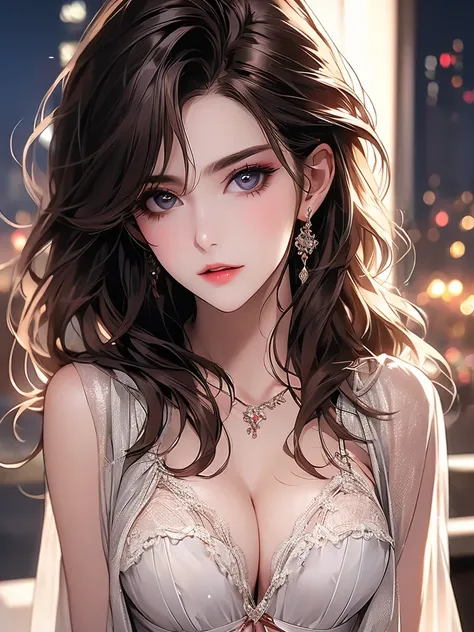 (masterpiece:1.2), (Top Quality:1.2), perfect eyes, perfect face, ( night ),, (  exposed chest  ), upper body, close, brown eyes, (medium chest), firm breasts, Exquisite Lingerie,  