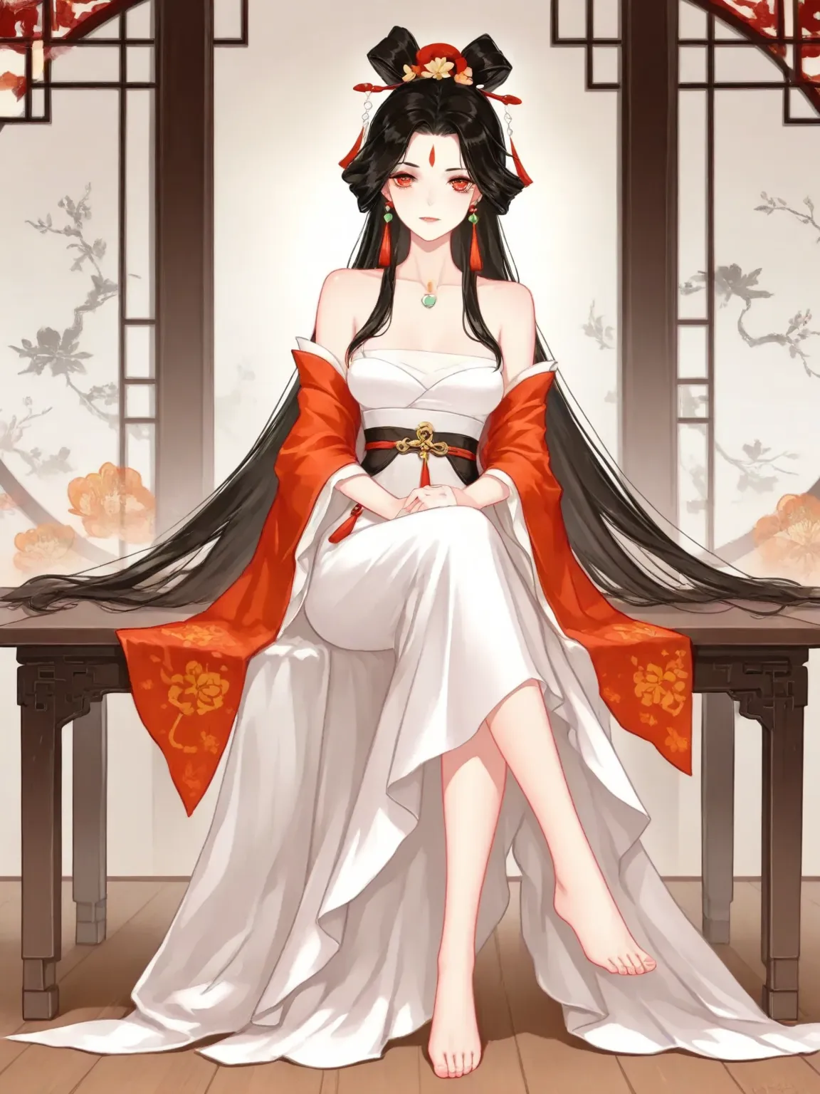  hand-drawn art style ： Onmyoji， Attractive anime girl，Wear a gorgeous dress，big eyes，Delicate release，Beautifully swore。sitting at the table，Barefoot