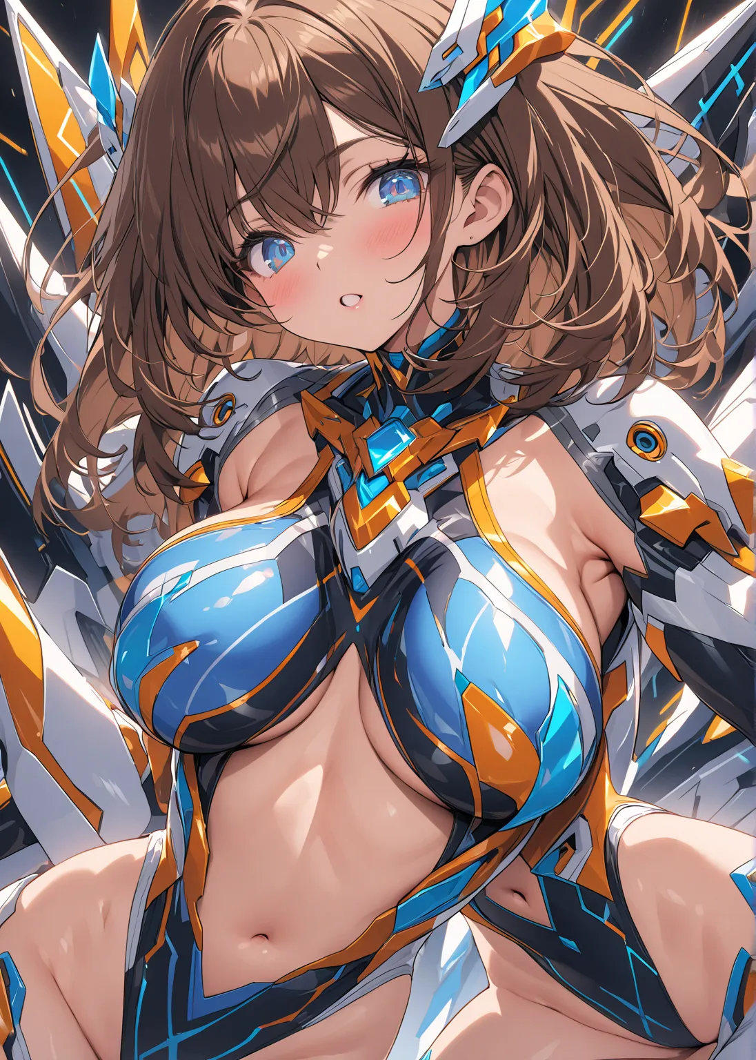 brown hair　medium hair　blue and light blue futuristic suit　　Groin　leotard　big breasts　blue eyes　round eyes　　 flashy design　