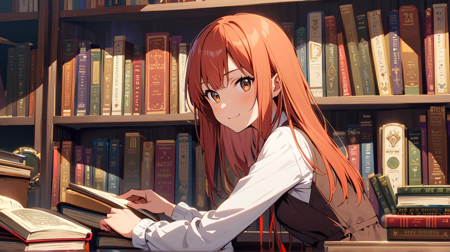  A writer sits beside a desk,  behind a bookcase with encyclopedias and books.  She has short straight hair, Red-haired hair,  light brown skin,  brown eyes, She is thin and smiles  