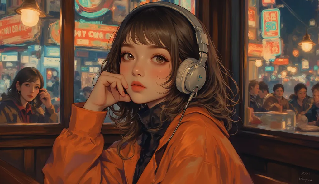 one woman、 is wearing headphones、Cafe、High Resolution、 clear face、With Her Elbows Attached and Her Chin On Her Hand、Body sideways、Only the face is looking slightly in front、Wide angle、Winter Night、I can see the lights of the city's buildings from the windo...