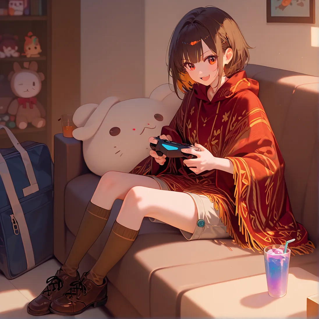 (girl:1.0),posing,(close-up:1.3),playing video gemes,video game controller holding,■body,flat chest,pointy breasts,face ■hair (beautiful thin hair,short hair,dark brown hair:1.0), ■服(white long poncho on shorts,brown long socks,shoes:1.1),sfw,sitting on so...