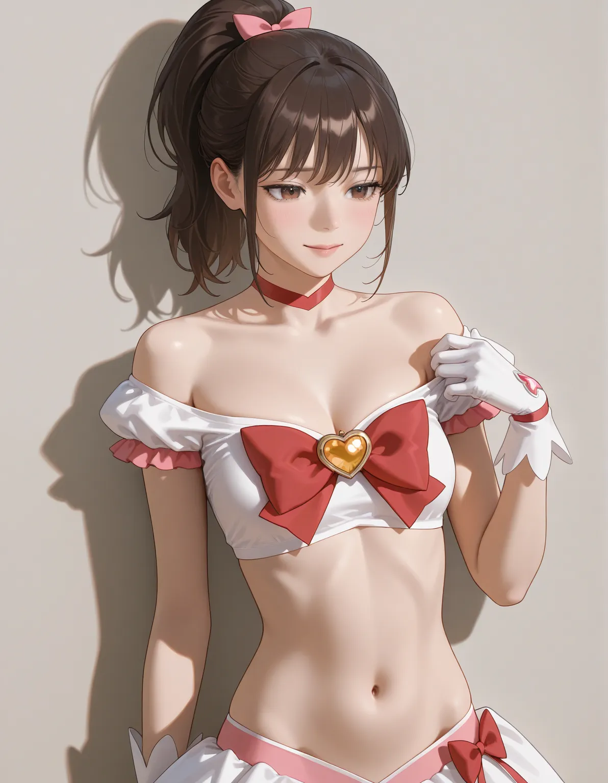 masterpiece,highest quality,latest,safe,beautiful woman,Real Background,beautiful body,brown eyes,brown hair,reality,nice body,costume(magical girl),adult face,ponytail,exposure of skin(shoulder,clavicle,stomach),luxury,realistic shadow