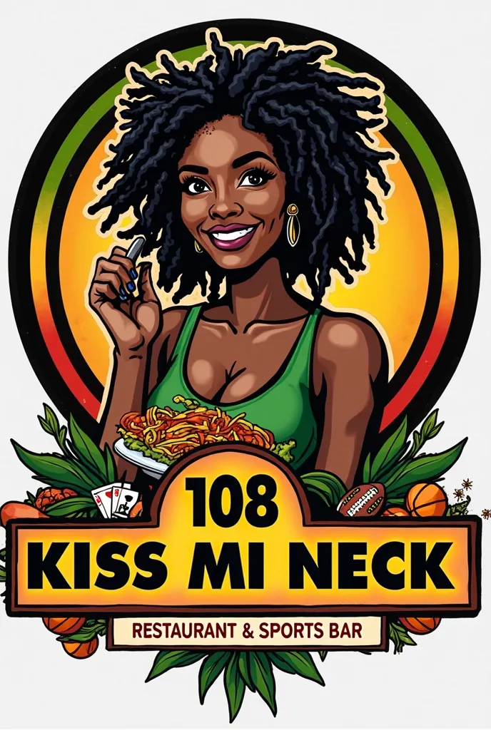 Create a vibrant and creative restaurant logo incorporating the colors red, gold, black, yellow, and green. At the center, depict a dark-skinned dreads woman holding a meal, exuding warmth and authenticity. Surround her with a circular frame. From the left...