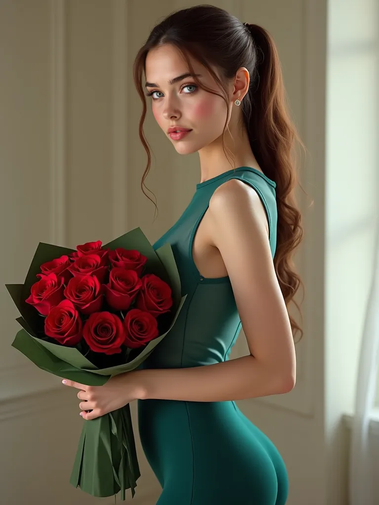 Create a super realistic portrait of a 20 year old Slavic girl. She is standing in a sexy elegant pose. She is wearing a blue translucent top. She is wearing green leggings that emphasize her figure and body curves. There are no jewelry. She is holding a l...