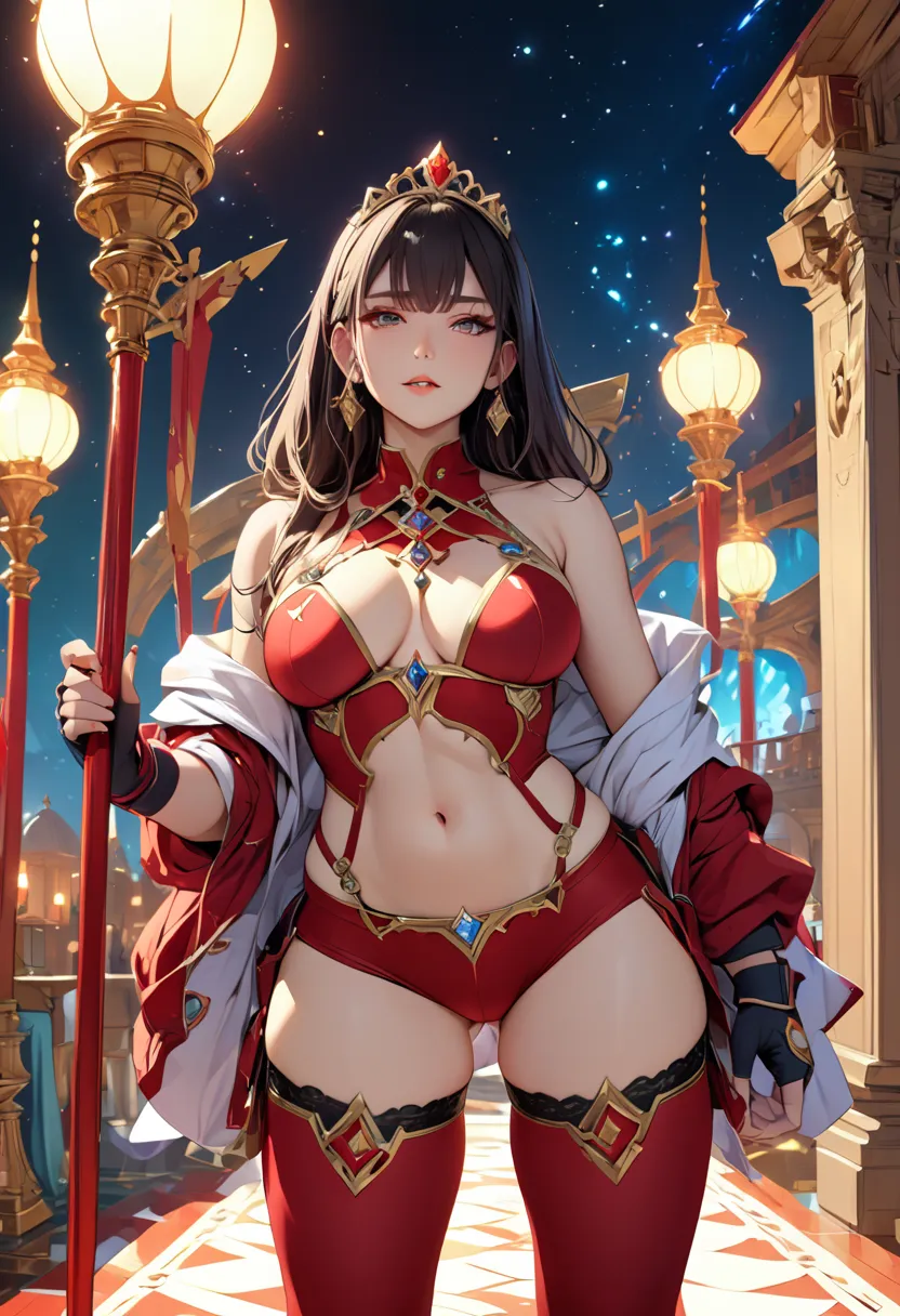 masterpiece, best quality, 1girl, solo, pyradef, tiara, earrings, chest jewel, impossible clothes, fingerless gloves, red shorts, thighhighs