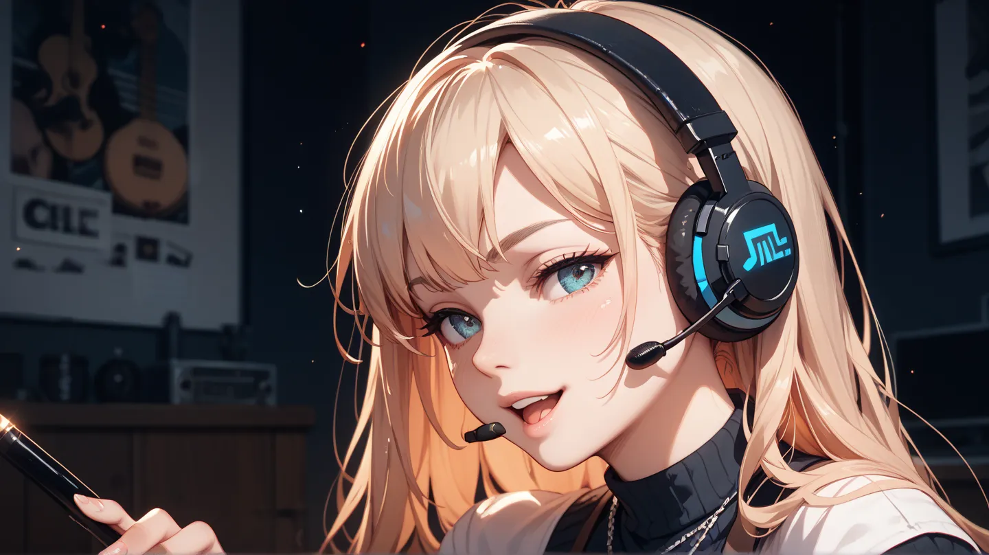 Girl listening to chill music with a headset on in a dark room　