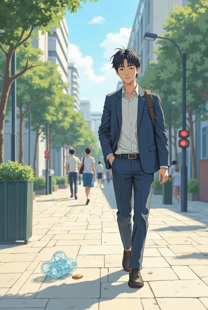 With the same art's style and uniform they saw a male student dropping a plastic bottle on a sidewalk while walking