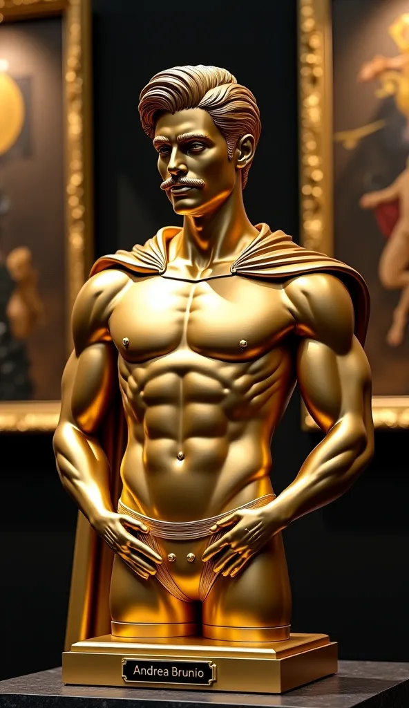 Create a high quality masterpiece, high relief sculpted golden metal bust in Greek style. Very pronounced shadows on the bust. foreground: High relief sculpted golden metal bust in Greek style depicting a young Italian man (Andrea Bruno aka Super Luminoso)...