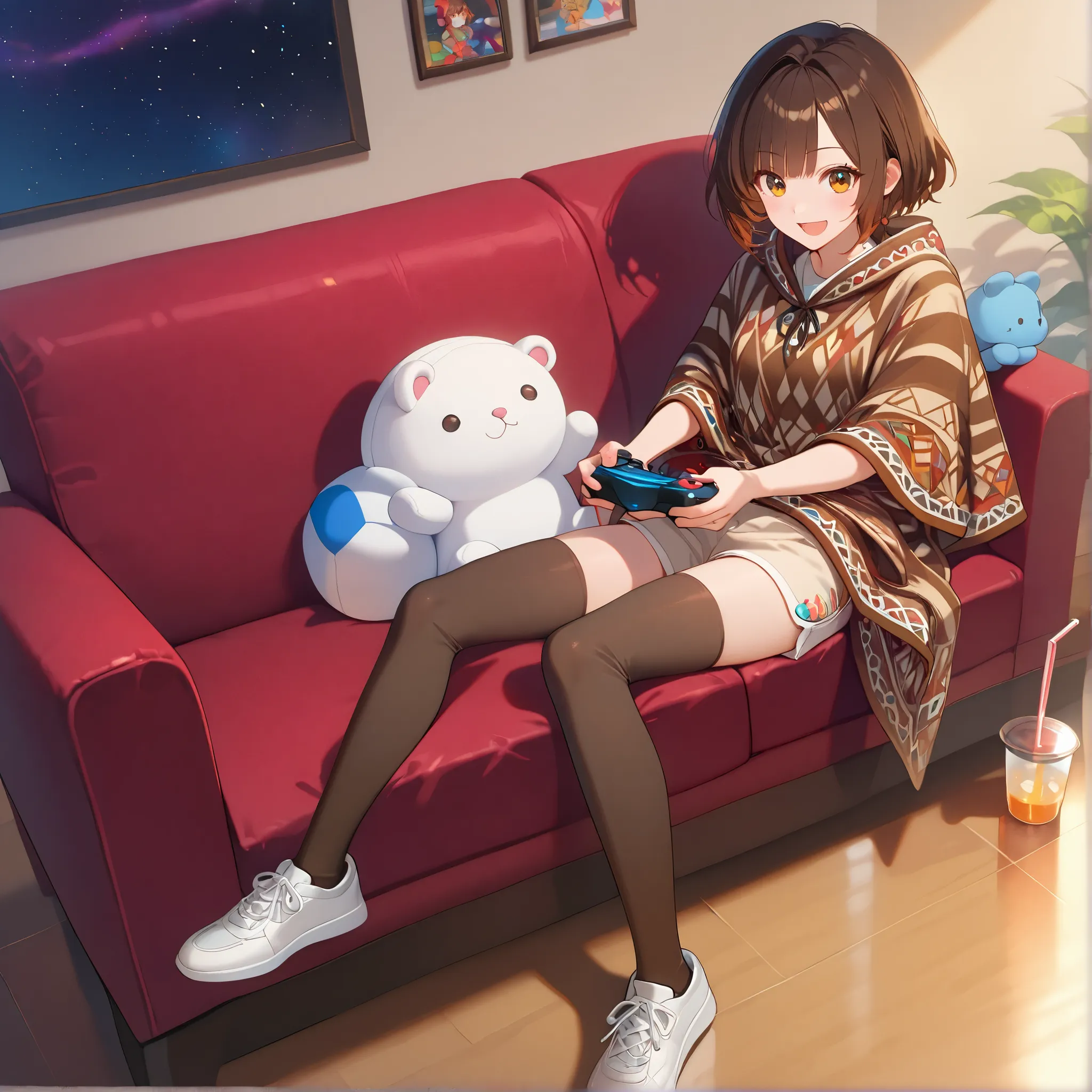 (girl:1.0),posing,(close-up:1.3),playing video gemes,video game controller holding,■body,flat chest,pointy breasts,face ■hair (beautiful thin hair,short hair,dark brown hair:1.0), ■服(white long poncho on shorts,brown long socks,shoes:1.1),sfw,sitting on so...