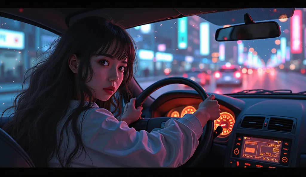 14  girl driving car with night and street lights