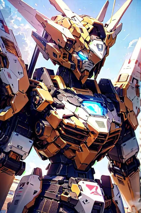 Gundam,Mecha, robot ,is not human,Shine,Alone,sci-fi,Shine eyes,, best quality,masterpiece, edgequality , beautiful intricate details,perspective silhouette ,((8k, best quality, masterpiece, very detailed, rule of thirds)),((Crazy image)),photorealistic,ma...