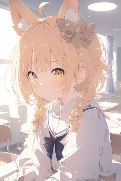 classroom,Ahoge on top of head,masterpiece, exquisite details,best quality, One Girl, alone, White footwear, bungs, yellow eyes, yellow hair ,braids,stupid hair,  fox ears,  fox ears,  High Quality Anime Art Style, Clear Face, Clear Facial Features , 放課後のc...