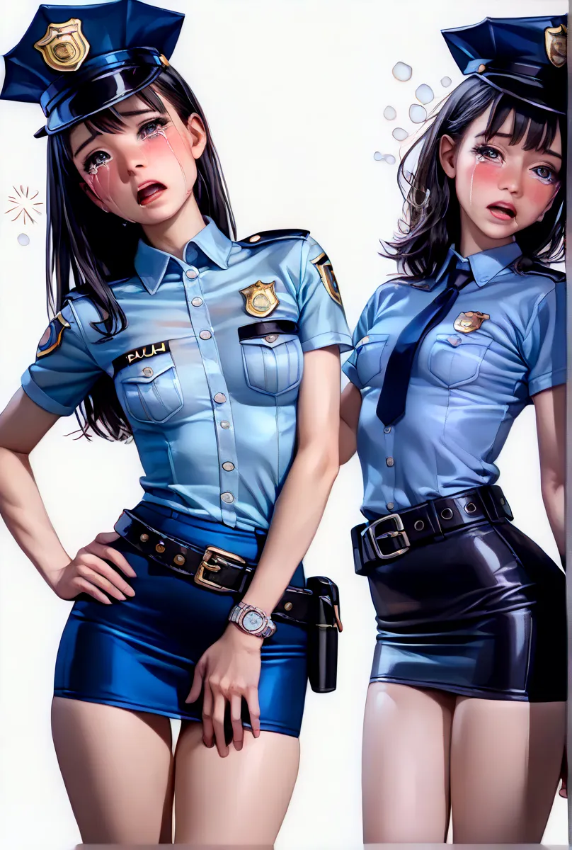 Beautiful Japanese Women from a Purple Perspective,( 1girl :1.5),(slender body:1.3),( empty white background:1.8),( small tits:1.0),(white collared tight short sleeve cowgirl shirt police shirt:1.2),(blue super mini police skirt:1.2),(black leather equippe...