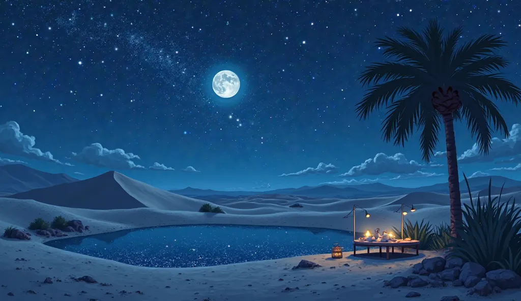  Ghibli style ，Desert oasis under the stars，reflecting small lake of stars，palm tree，tea set on table，Gentle moonlight on sand dunes，Clear galaxy，The aesthetics of Ghibli's studio，Quiet and magical，Cold blue and silver tones， Pictorial ， Photography ，8k re...