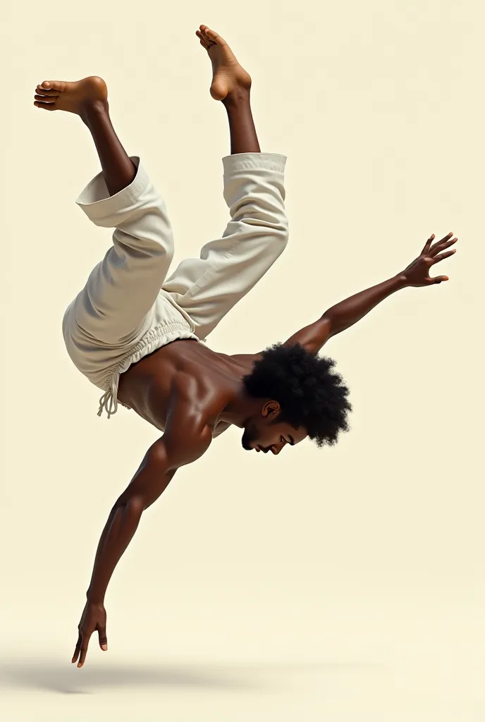 25-year-old black man with Black Power hair, slightly muscular body and wearing white capoeira pants, doing a capoeira acrobatics in the air