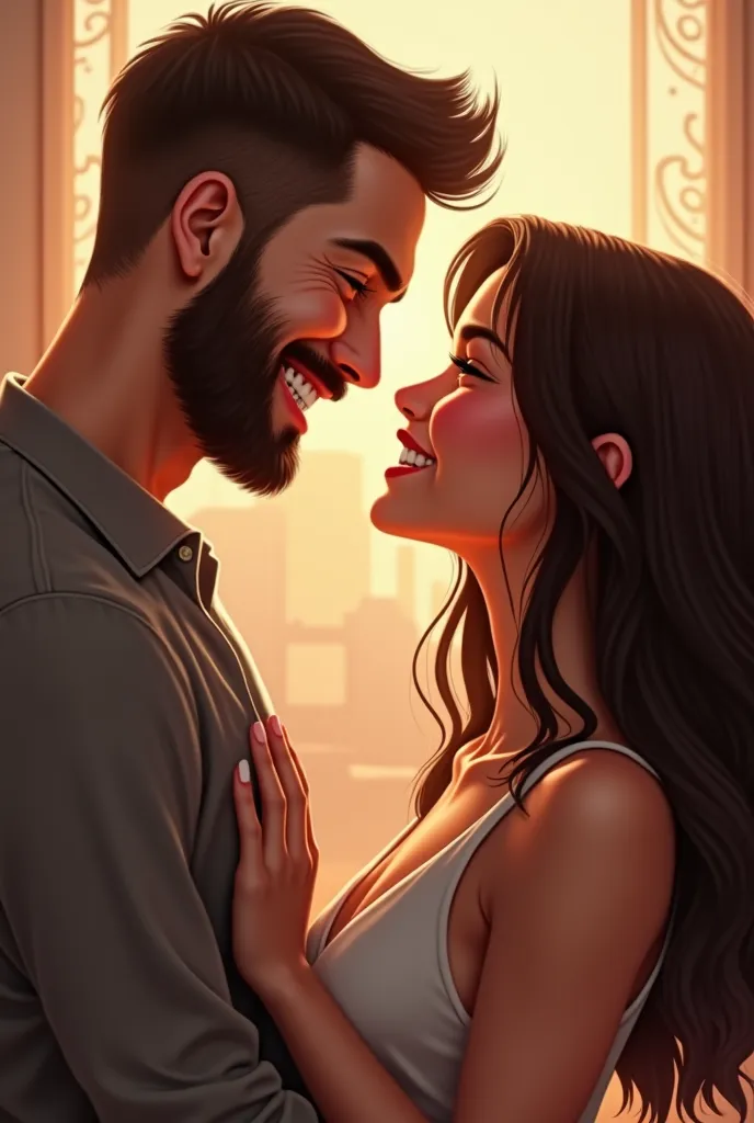 A couple of engaged couples man woman the man with lighter skin than the girl only one shade the girl dark brown straight and long hair the man with beard and short hair being happy 
