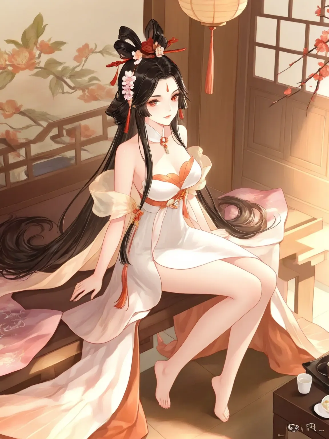  hand-drawn art style ： Onmyoji， Attractive anime girl，Wear a gorgeous dress，big eyes，Delicate release，Beautifully swore。sitting at the table，Barefoot