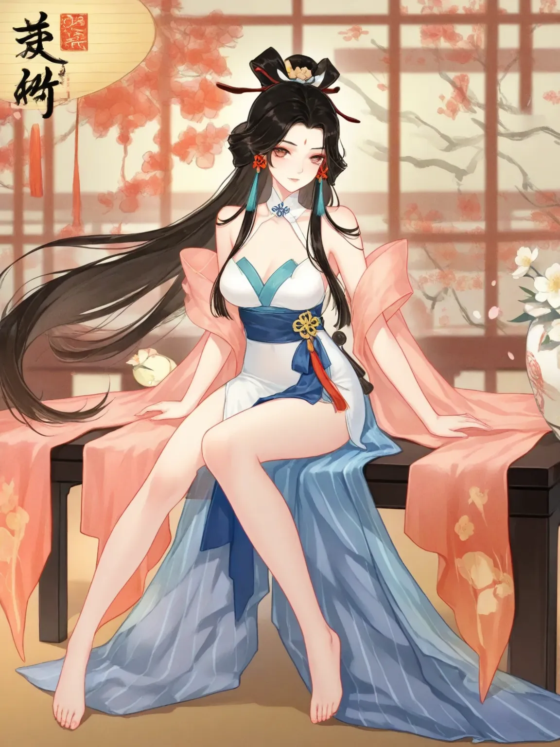  hand-drawn art style ： Onmyoji， Attractive anime girl，Wear a gorgeous dress，big eyes，Delicate release，Beautifully swore。sitting at the table，Barefoot