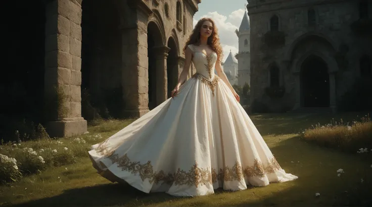 On morning grass royal training,The Princess (Standing): She is wearing an elegant medieval gown, possibly made of rich, dark fabric with intricate detailing on the bodice. Her long, flowing dress and loose wavy hair add to her regal appearance.