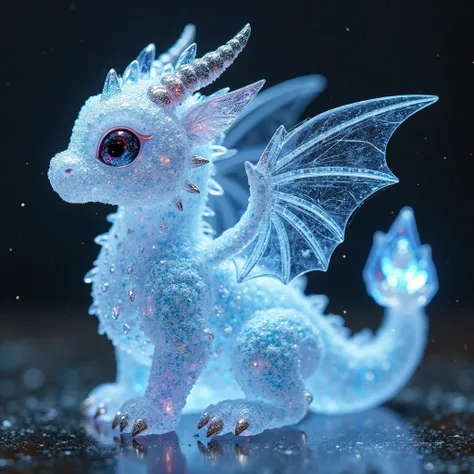 Draw a crystal figurine of a cute fluffy dragon with wings and big cosmic eyes with space inserts.and the inside glows blue. 3 d