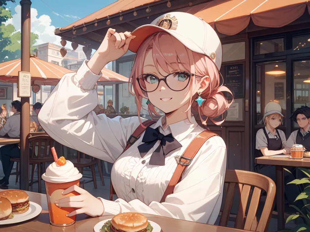 Cafe　The image of the rich　A slender woman with clear eyes and nose　 wearing glasses 　1 person is holding a dog　women wearing white hats　I'm putting my hand on my hat　