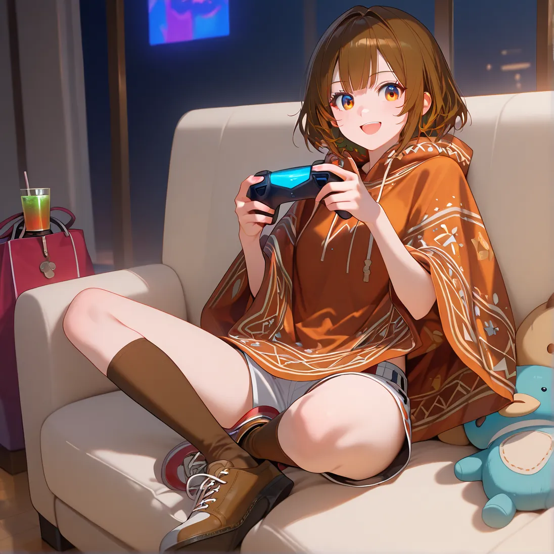 (girl:1.0),posing,(close-up:1.3),playing video gemes,video game controller holding,■body,flat chest,pointy breasts,face ■hair (beautiful thin hair,short hair,dark brown hair:1.0), ■服(white long poncho on shorts,brown long socks,shoes:1.1),sfw,sitting on so...