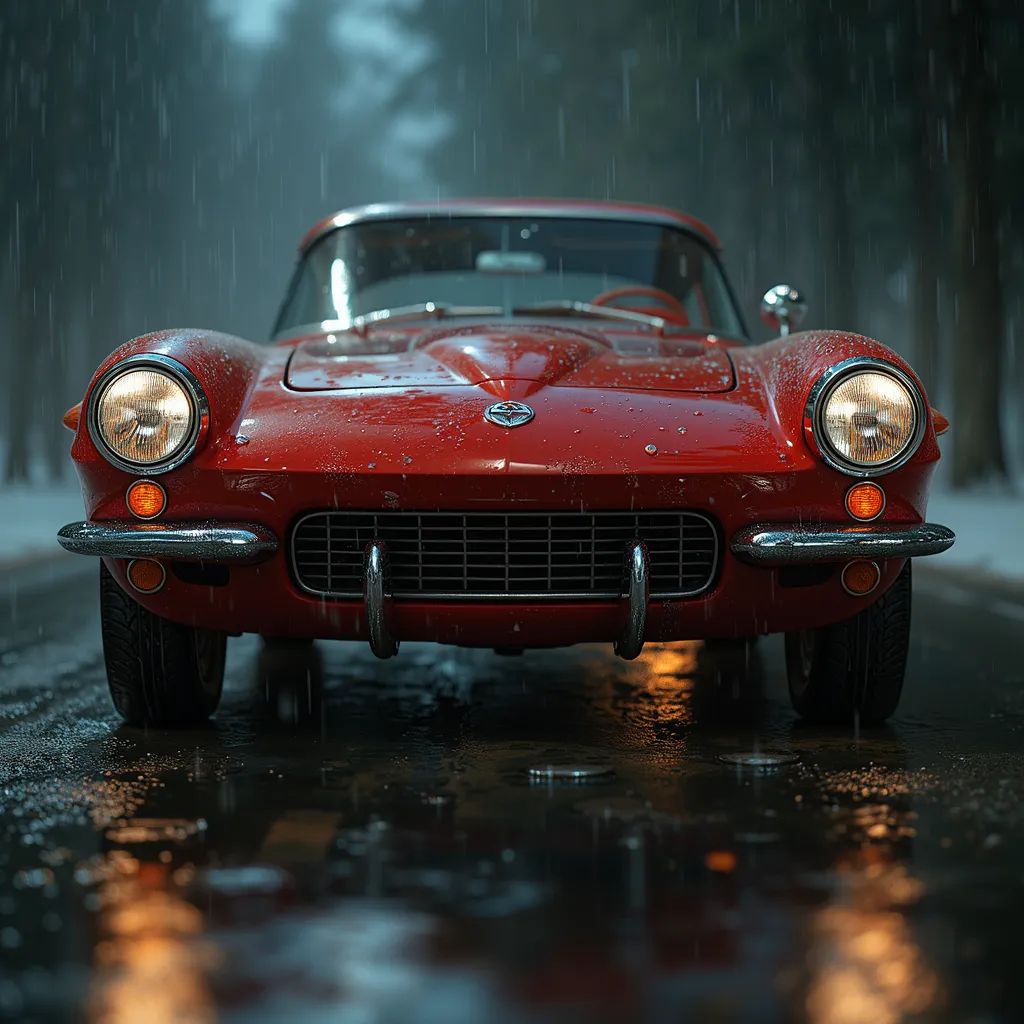 Classic red Corvette, rain-soaked, dramatic lighting, high-detail, close-up front view, sleek curves, chrome accents, headlights on, water droplets, reflective surface, moody atmosphere, dark background, photorealistic, 3D rendering, automotive photography...