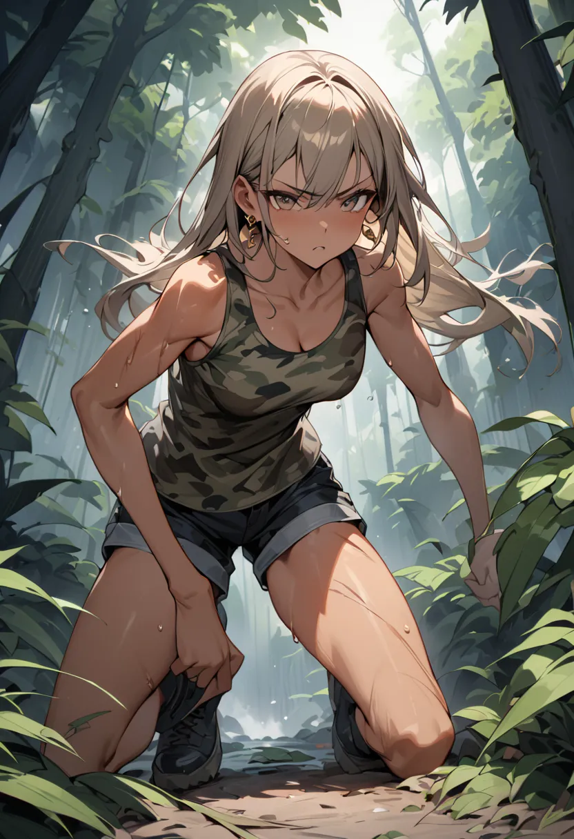 ((greatest masterpiece,Ultra High Quality:1.2)),(super resolution),(solo),cowboy shot standing in a natural position,Slender, slender high school girl doing fighting action in the jungle,beautiful face, healthy tan skin ,Full Body Injury,Light brown long h...