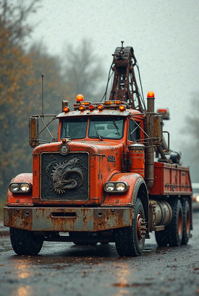 Tow truck with tow hook with logo of dinosaur