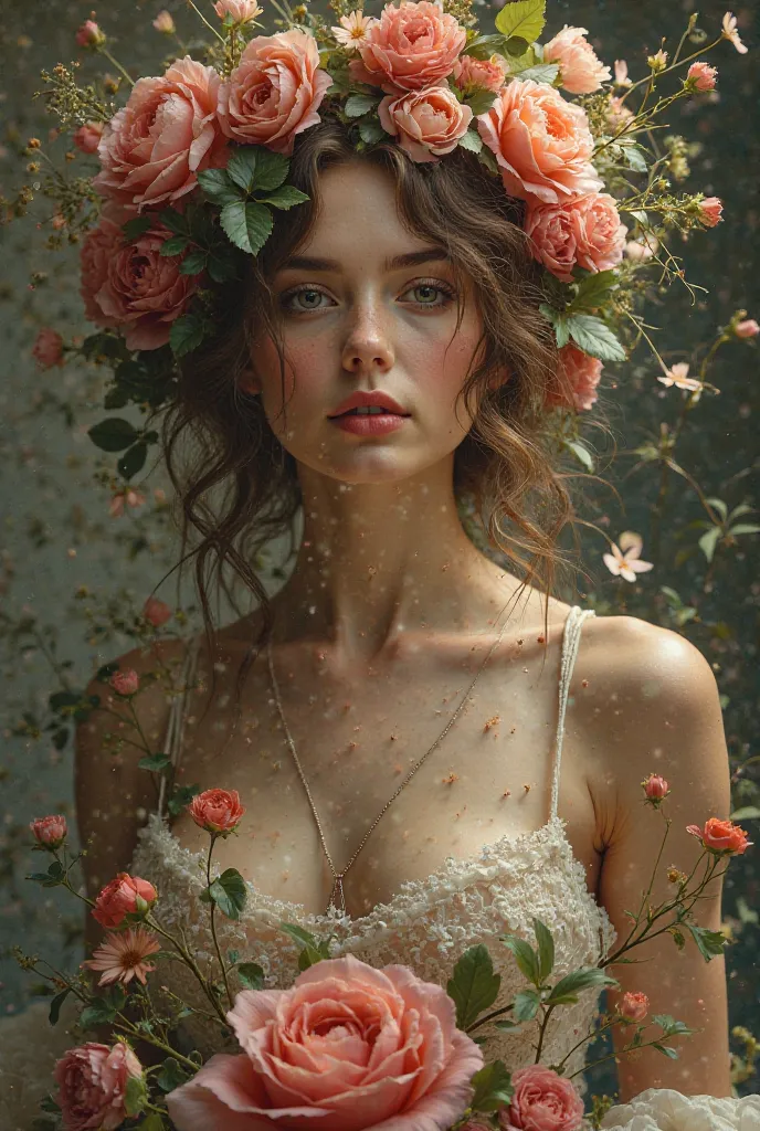 A European woman between 28 and 38 years old, wrapped in flowers, demonstrating her connection with nature and Venusian sensuality