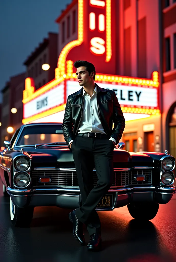 Create a photo of Elvis Presley leaning against a black cadilac in front of a theater with a sign written Elvis Presley 