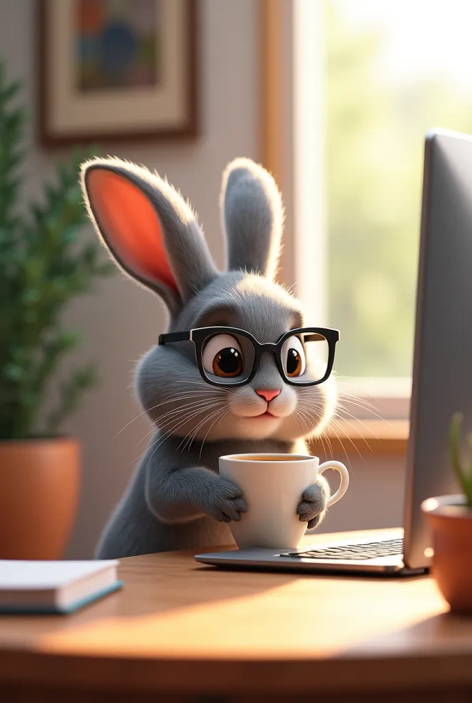 A rabbit wearing small rectangular lenses with a silver frame and working in front of a computer and with his cup of coffee