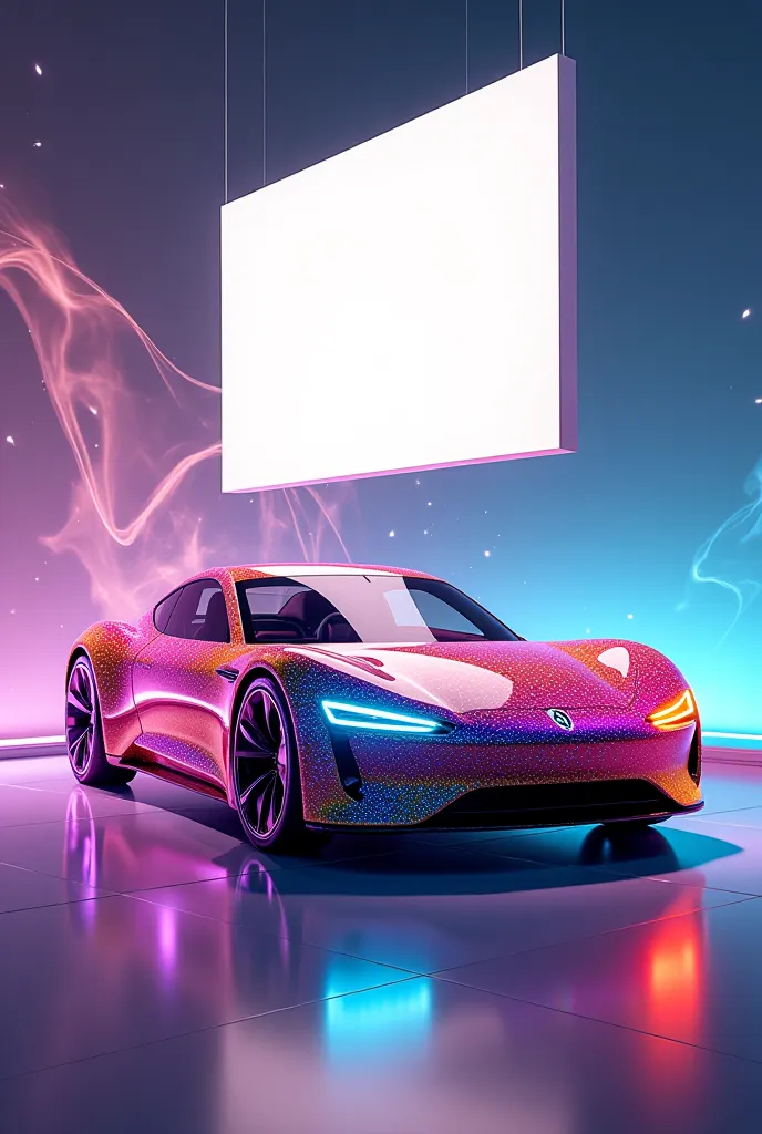 CHINESE ZEEKR 001 Z SPORT ELECTRIC CAR completely filled with colors on a beautiful catwalk . Above it hangs a postcard with an empty space for text 