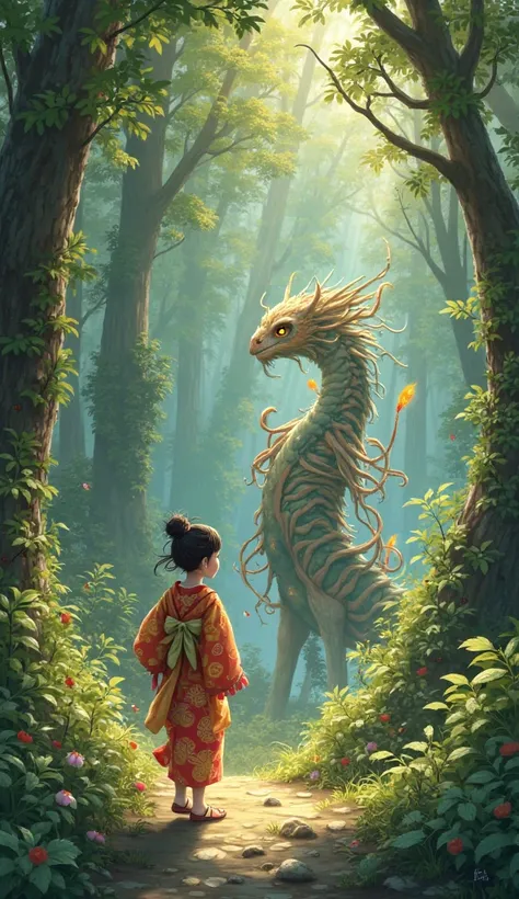 create an image of girl in yukat walking with monster creature background forest 